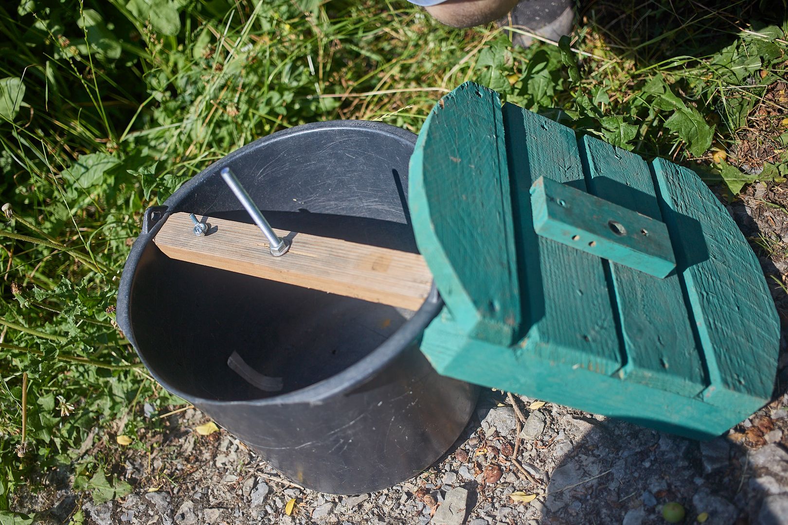 Ein waschbärsicherer Deckel aus Holz schützt Amphibien in einem Fangeimer an einem Schutzaun. Das Projekt des BUND Bad Langensalza verhindert den Zugriff von Waschbären und wurde mit dem Thüringer Umweltpreis ausgezeichnet.